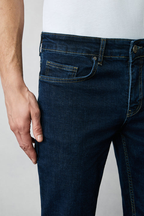 Dark Indigo Slim Fit Narrow Cut Cotton Lycra Flexible 4 Season Denim Jeans