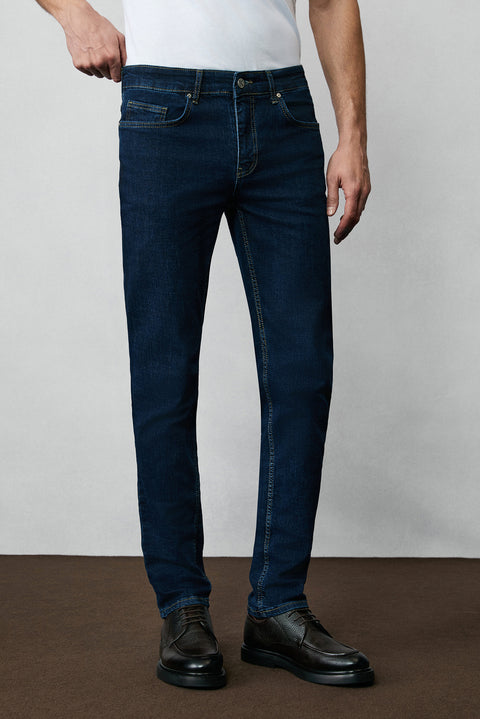 Dark Indigo Regular Fit Standard Cut Cotton Lycra Stretch 4 Seasons Denim Jeans