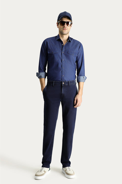 Dark Navy Regular Fit Standard Cut Lycra Denim Trousers