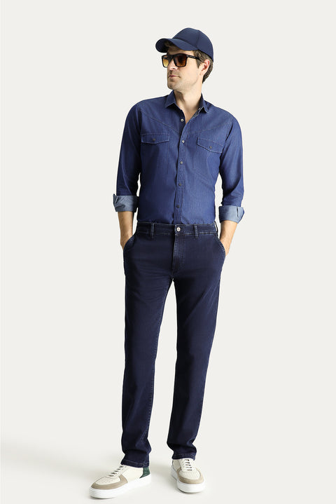 Dark Navy Regular Fit Standard Cut Lycra Denim Trousers