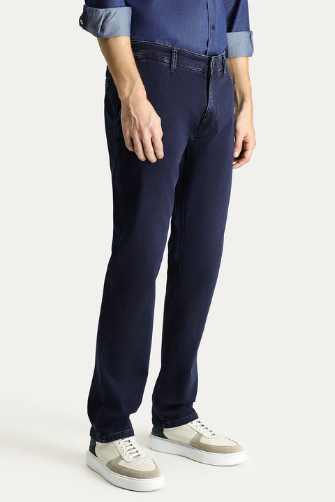 Dark Navy Regular Fit Standard Cut Lycra Denim Trousers