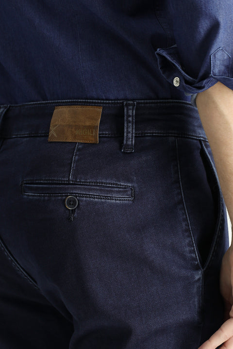 Dark Navy Regular Fit Standard Cut Lycra Denim Trousers
