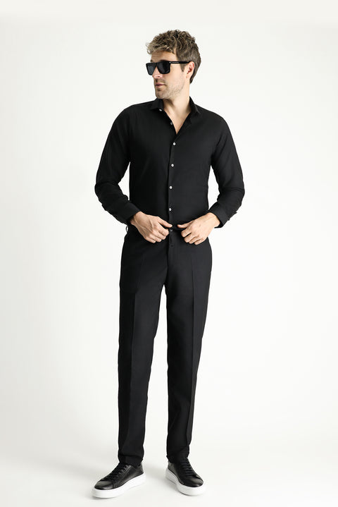 Black 7 Drop Super Slim Fit Extra Narrow Cut Lycra Elastic Waist Drawstring Classic Fabric Trousers