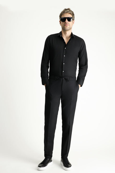 Black 7 Drop Super Slim Fit Extra Narrow Cut Lycra Elastic Waist Drawstring Classic Fabric Trousers
