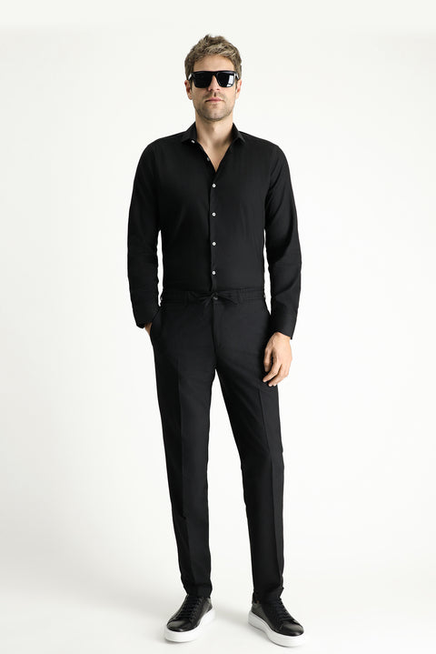 Black 7 Drop Super Slim Fit Extra Narrow Cut Lycra Elastic Waist Drawstring Classic Fabric Trousers