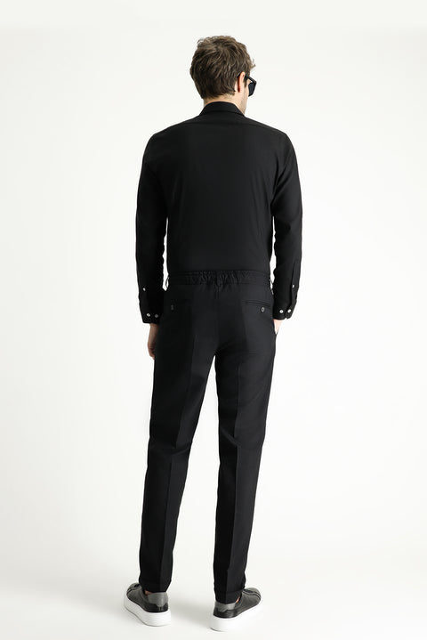 Black 7 Drop Super Slim Fit Extra Narrow Cut Lycra Elastic Waist Drawstring Classic Fabric Trousers