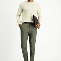 Moss Green 7 Drop Super Slim Fit Extra Narrow Cut Lycra Elastic Waist Drawstring Classic Fabric Trousers