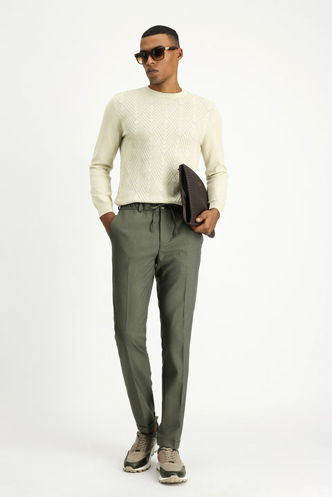 Moss Green 7 Drop Super Slim Fit Extra Narrow Cut Lycra Elastic Waist Drawstring Classic Fabric Trousers