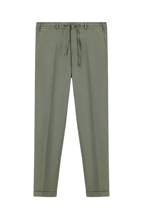 Moss Green 7 Drop Super Slim Fit Extra Narrow Cut Lycra Elastic Waist Drawstring Classic Fabric Trousers