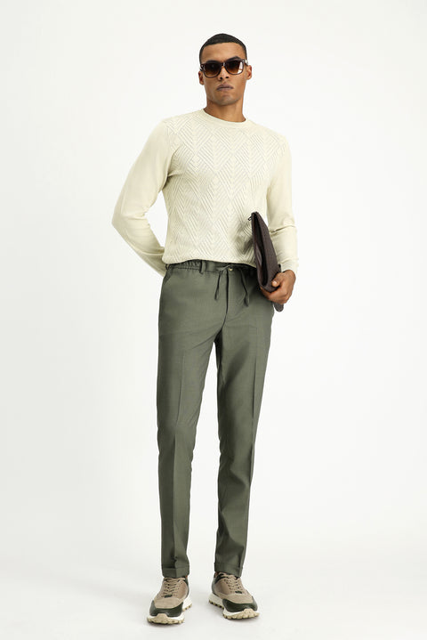Moss Green 7 Drop Super Slim Fit Extra Narrow Cut Lycra Elastic Waist Drawstring Classic Fabric Trousers