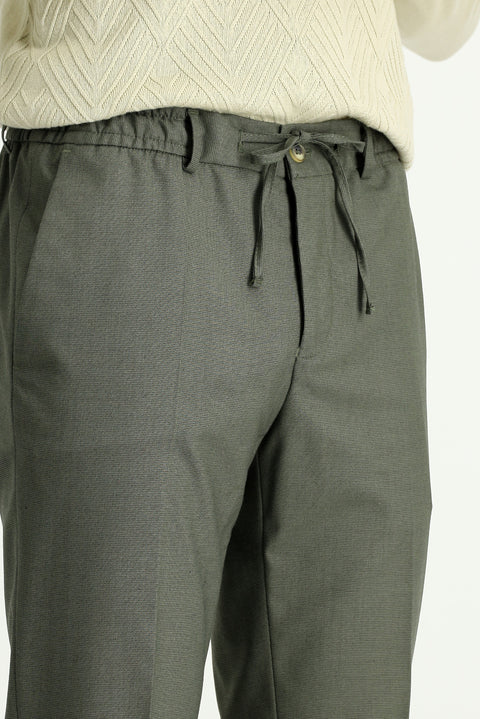 Moss Green 7 Drop Super Slim Fit Extra Narrow Cut Lycra Elastic Waist Drawstring Classic Fabric Trousers