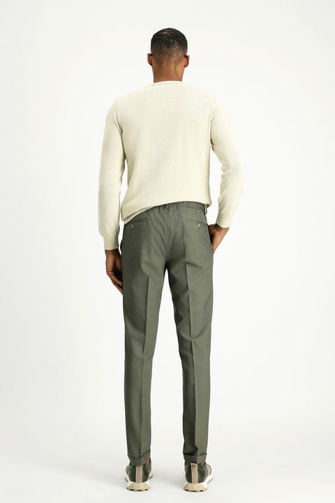 Moss Green 7 Drop Super Slim Fit Extra Narrow Cut Lycra Elastic Waist Drawstring Classic Fabric Trousers