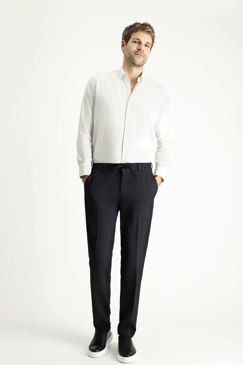Siyah 7 Drop Super Slim Fit Eksra Dar Kesim Beli Lastikli İpli Likralı Desenli Klasik Kumaş Pantolon