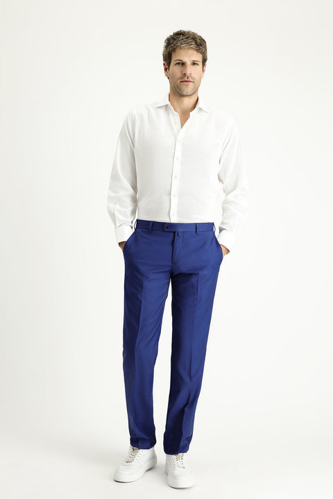 Navy Blue 7 Drop Slim Fit Narrow Cut Patterned Lycra Classic Fabric Trousers