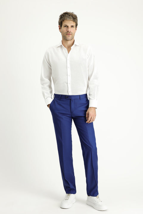 Navy Blue 7 Drop Slim Fit Narrow Cut Patterned Lycra Classic Fabric Trousers