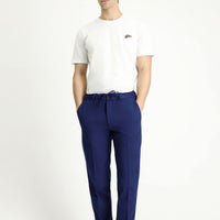 Navy Blue 7 Drop Slim Fit Narrow Cut Lycra Elastic Waist Drawstring Classic Fabric Trousers