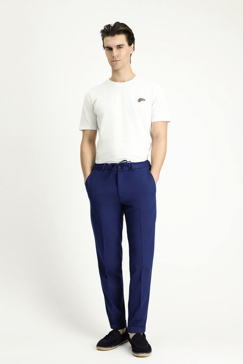 Navy Blue 7 Drop Slim Fit Narrow Cut Lycra Elastic Waist Drawstring Classic Fabric Trousers
