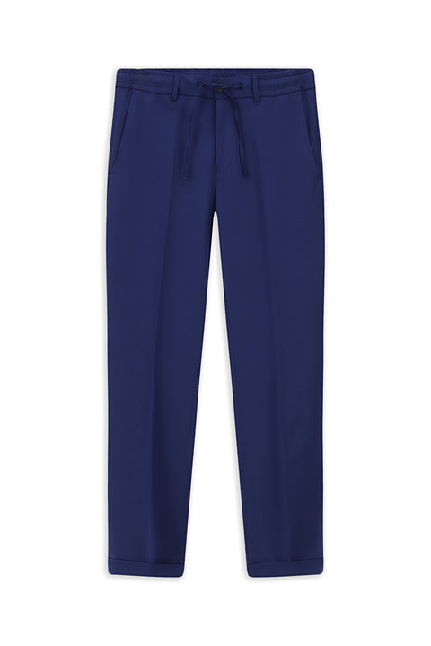 Navy Blue 7 Drop Slim Fit Narrow Cut Lycra Elastic Waist Drawstring Classic Fabric Trousers