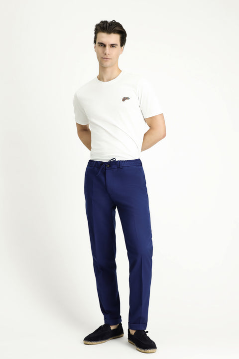 Navy Blue 7 Drop Slim Fit Narrow Cut Lycra Elastic Waist Drawstring Classic Fabric Trousers