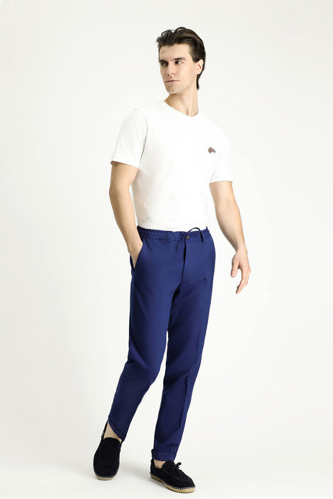 Navy Blue 7 Drop Slim Fit Narrow Cut Lycra Elastic Waist Drawstring Classic Fabric Trousers