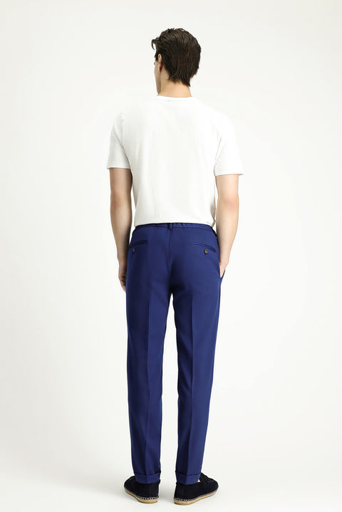 Navy Blue 7 Drop Slim Fit Narrow Cut Lycra Elastic Waist Drawstring Classic Fabric Trousers