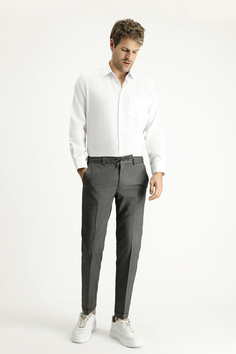 Orta Gri 7 Drop Slim Fit Dar Kesim Likralı Beli Lastikli İpli Klasik Kumaş Pantolon