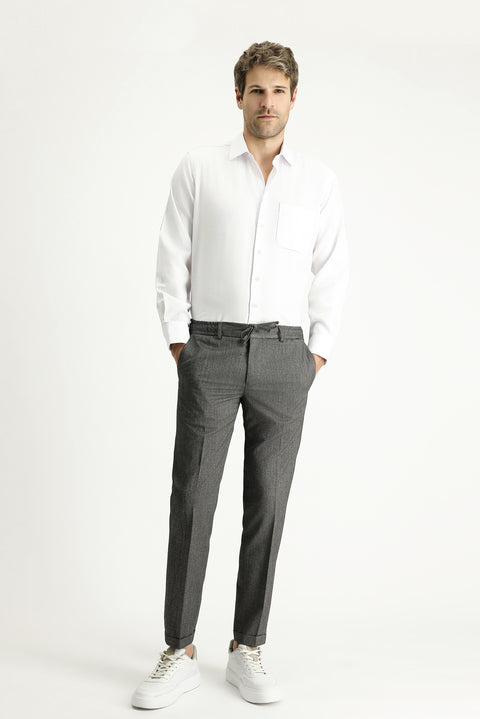 Orta Gri 7 Drop Slim Fit Dar Kesim Likralı Beli Lastikli İpli Klasik Kumaş Pantolon