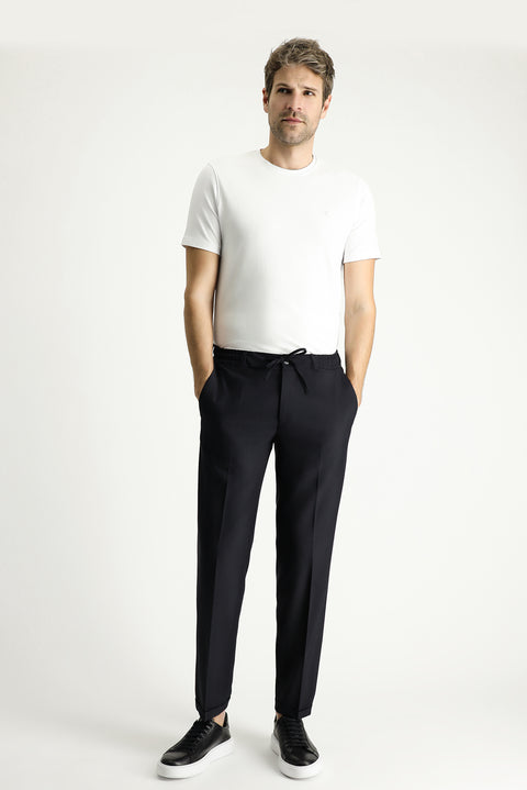 Black 7 Drop Slim Fit Narrow Cut Lycra Classic Fabric Trousers with Elastic Waist Drawstring