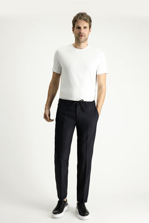 Black 7 Drop Slim Fit Narrow Cut Lycra Classic Fabric Trousers with Elastic Waist Drawstring