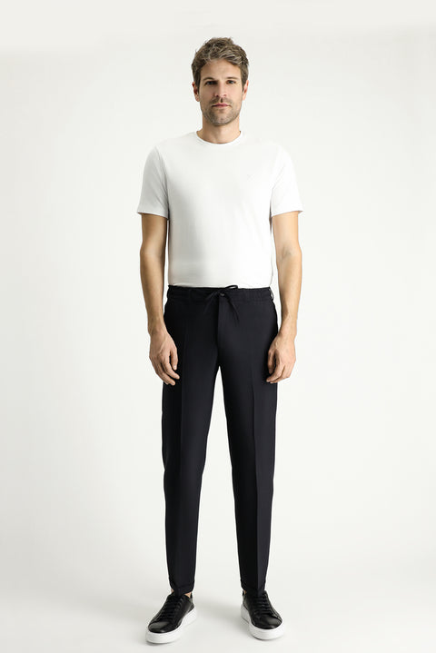 Black 7 Drop Slim Fit Narrow Cut Lycra Classic Fabric Trousers with Elastic Waist Drawstring