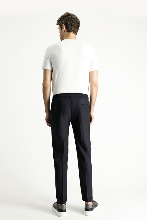 Black 7 Drop Slim Fit Narrow Cut Lycra Classic Fabric Trousers with Elastic Waist Drawstring