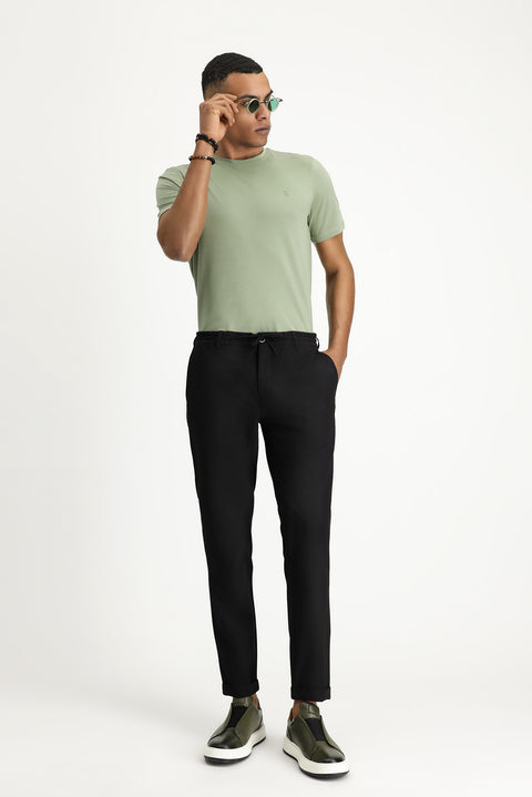 Black 7 Drop Super Slim Fit Extra Narrow Cut Elastic Waist Drawstring Wavy Lycra Classic Fabric Trousers