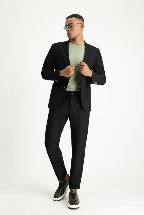 Black 7 Drop Super Slim Fit Extra Narrow Cut Elastic Waist Drawstring Wavy Lycra Classic Fabric Trousers