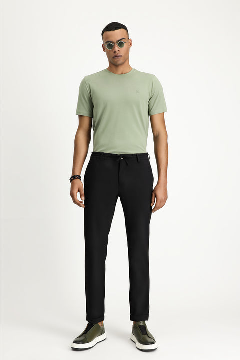 Black 7 Drop Super Slim Fit Extra Narrow Cut Elastic Waist Drawstring Wavy Lycra Classic Fabric Trousers