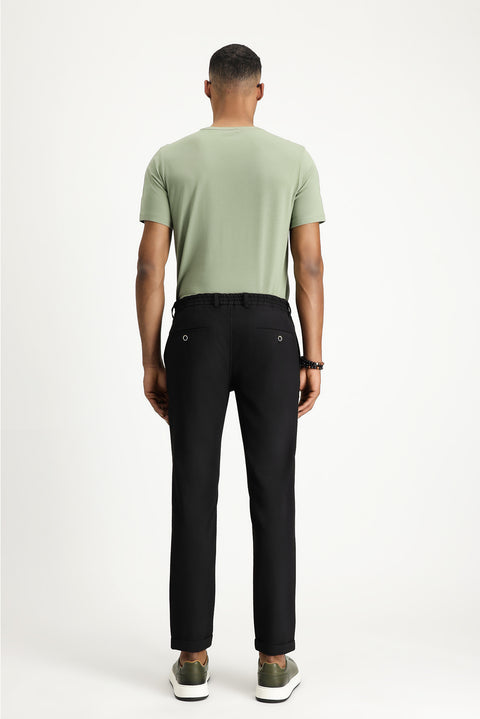Black 7 Drop Super Slim Fit Extra Narrow Cut Elastic Waist Drawstring Wavy Lycra Classic Fabric Trousers