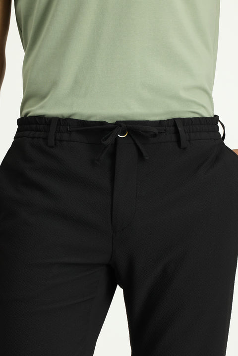 Black 7 Drop Super Slim Fit Extra Narrow Cut Elastic Waist Drawstring Wavy Lycra Classic Fabric Trousers