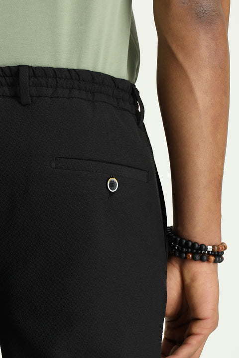 Black 7 Drop Super Slim Fit Extra Narrow Cut Elastic Waist Drawstring Wavy Lycra Classic Fabric Trousers