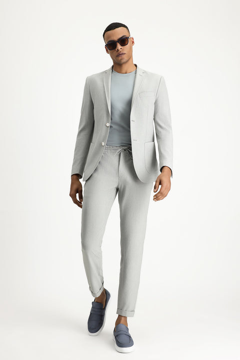 Light Grey 7 Drop Super Slim Fit Extra Narrow Cut Elastic Waist Drawstring Wavy Lycra Classic Fabric Trousers