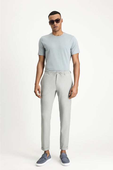 Light Grey 7 Drop Super Slim Fit Extra Narrow Cut Elastic Waist Drawstring Wavy Lycra Classic Fabric Trousers