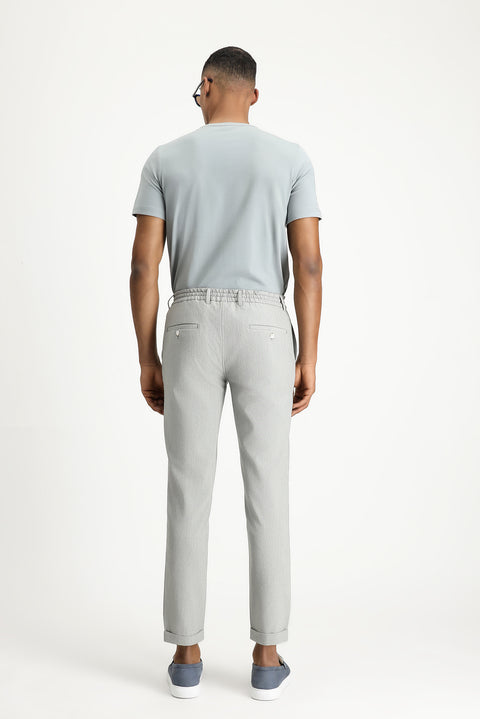 Light Grey 7 Drop Super Slim Fit Extra Narrow Cut Elastic Waist Drawstring Wavy Lycra Classic Fabric Trousers