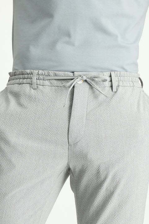 Light Grey 7 Drop Super Slim Fit Extra Narrow Cut Elastic Waist Drawstring Wavy Lycra Classic Fabric Trousers
