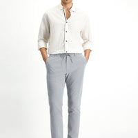 Cloud Grey 7 Drop Super Slim Fit Extra Narrow Cut Elastic Waist Drawstring Wavy Lycra Classic Fabric Trousers