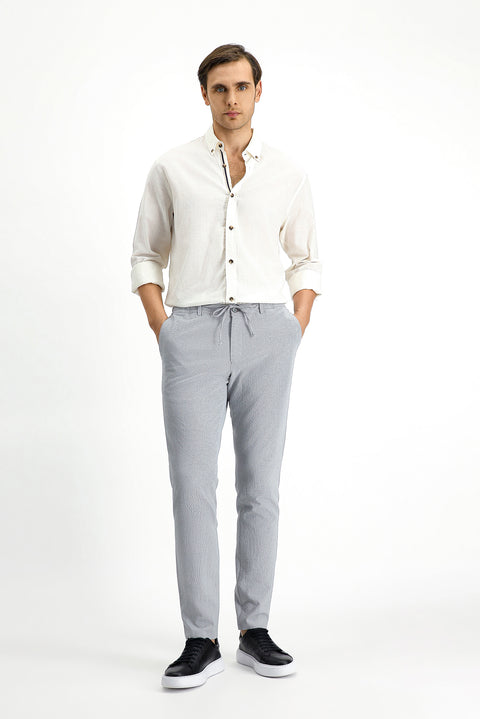Cloud Grey 7 Drop Super Slim Fit Extra Narrow Cut Elastic Waist Drawstring Wavy Lycra Classic Fabric Trousers