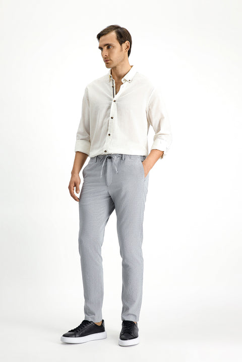 Cloud Grey 7 Drop Super Slim Fit Extra Narrow Cut Elastic Waist Drawstring Wavy Lycra Classic Fabric Trousers