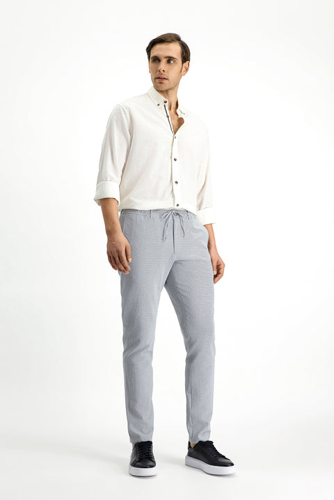 Cloud Grey 7 Drop Super Slim Fit Extra Narrow Cut Elastic Waist Drawstring Wavy Lycra Classic Fabric Trousers