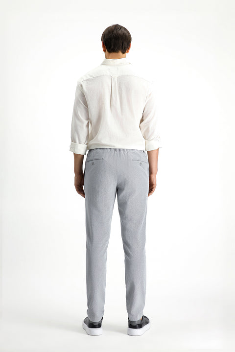 Cloud Grey 7 Drop Super Slim Fit Extra Narrow Cut Elastic Waist Drawstring Wavy Lycra Classic Fabric Trousers
