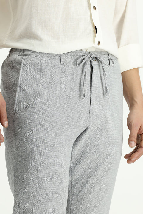 Cloud Grey 7 Drop Super Slim Fit Extra Narrow Cut Elastic Waist Drawstring Wavy Lycra Classic Fabric Trousers