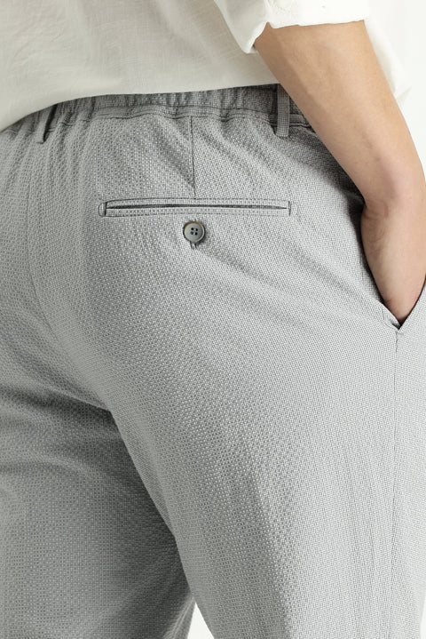 Cloud Grey 7 Drop Super Slim Fit Extra Narrow Cut Elastic Waist Drawstring Wavy Lycra Classic Fabric Trousers