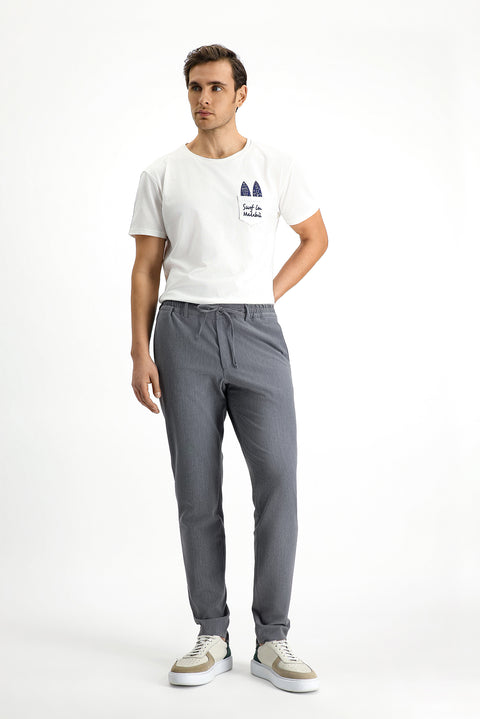 Dark Gray 7 Drop Super Slim Fit Extra Narrow Cut Elastic Waist Drawstring Wavy Lycra Classic Fabric Trousers