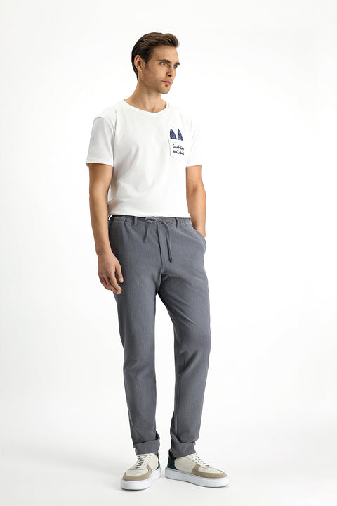 Dark Gray 7 Drop Super Slim Fit Extra Narrow Cut Elastic Waist Drawstring Wavy Lycra Classic Fabric Trousers